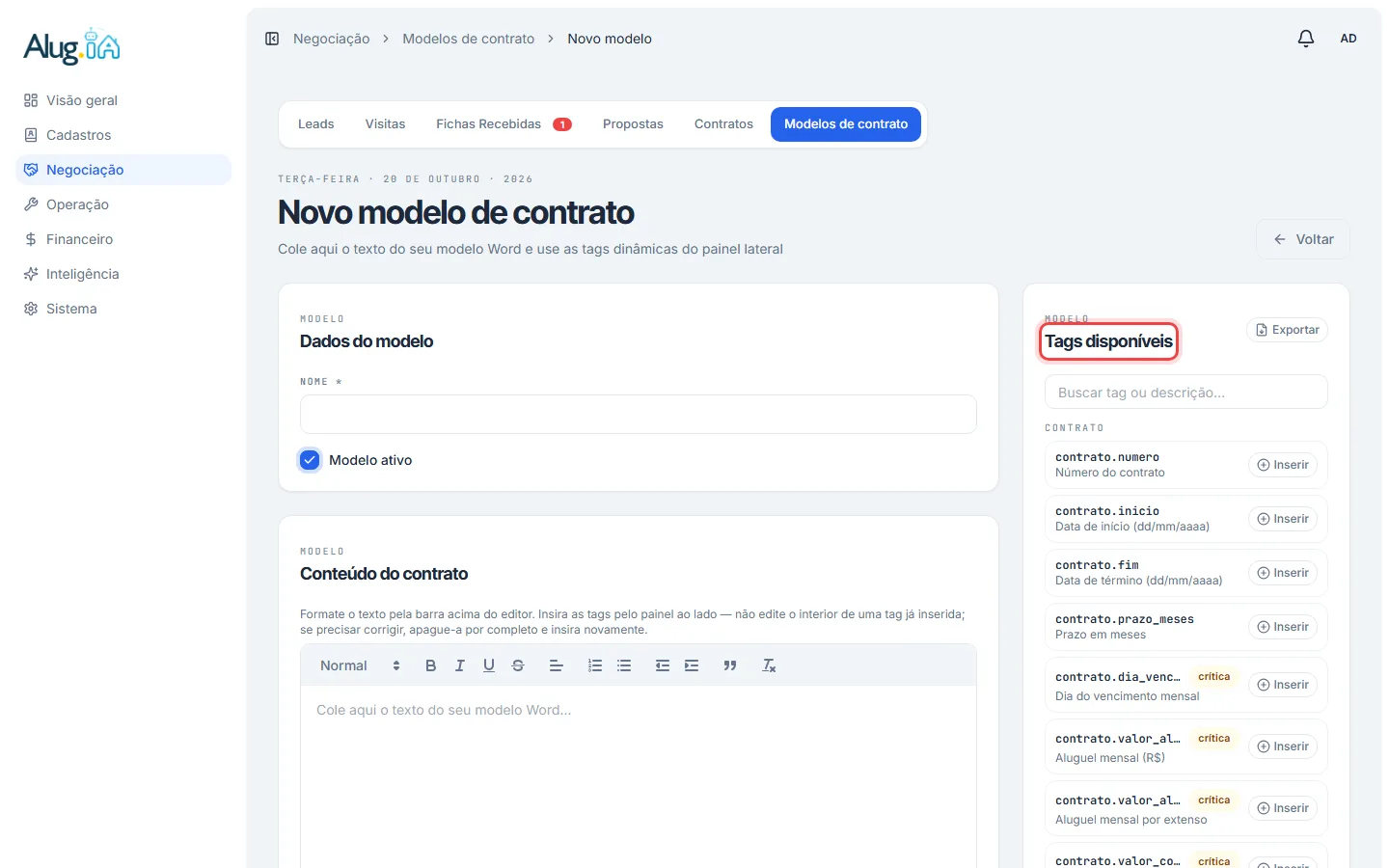 Editor do modelo com o painel de tags disponíveis