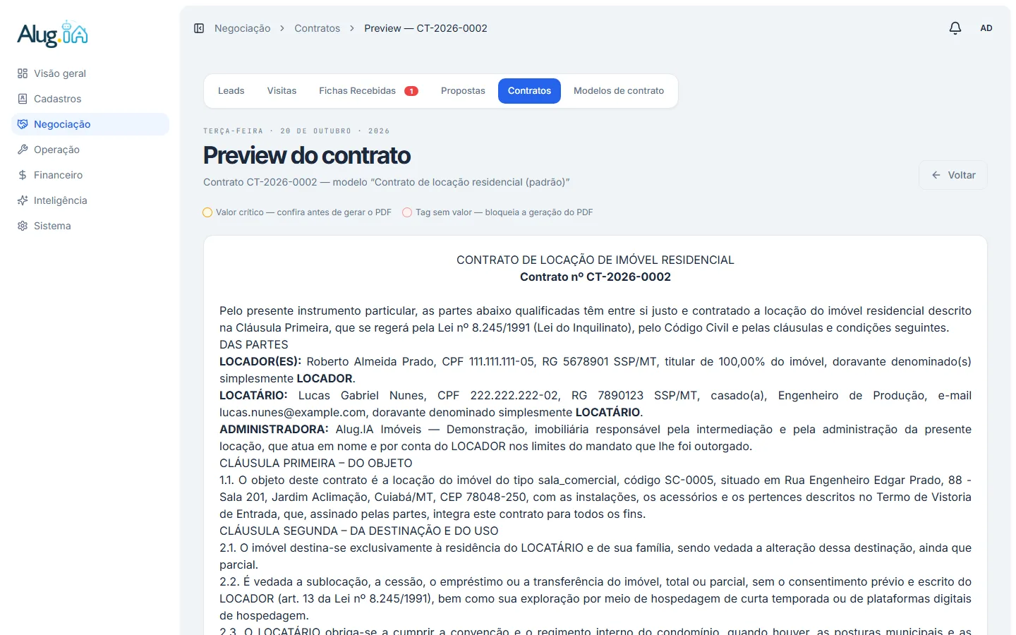 Preview do contrato com o modelo preenchido