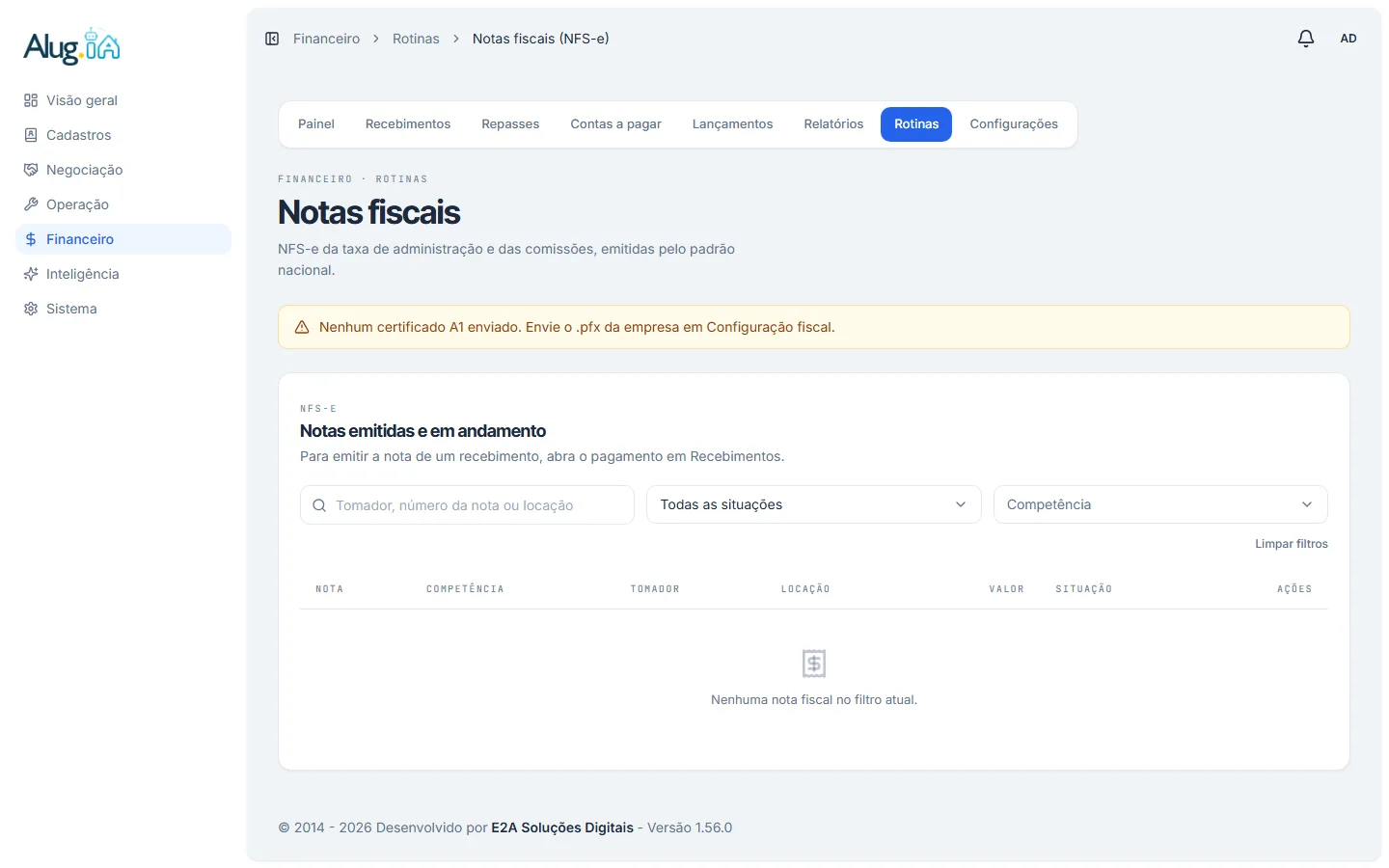 Tela de notas fiscais com a busca, os filtros de situação e competência e a tabela de notas