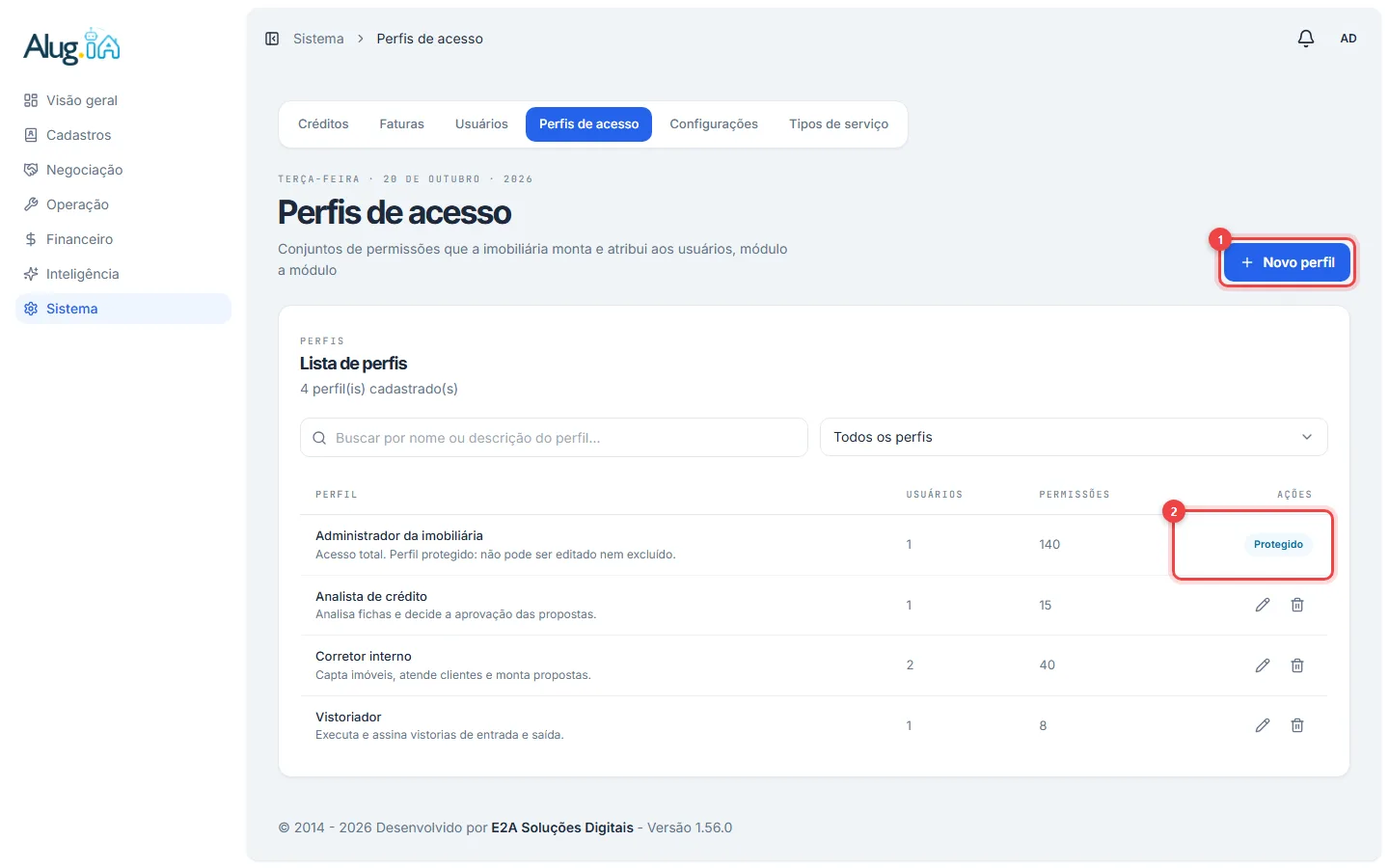 Lista de perfis de acesso com o botão Novo perfil e o selo Protegido no perfil de administrador