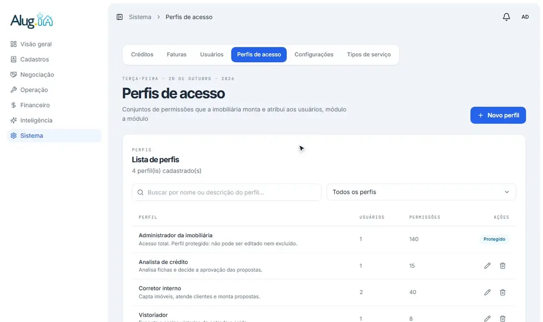 Criando um perfil: nome, descrição e marcação de módulos na matriz de permissões