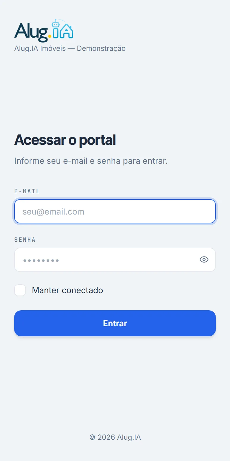 Tela Acessar o portal no celular, com campos de e-mail e senha