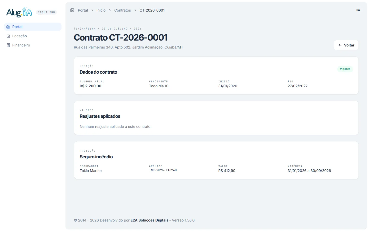Ficha do contrato no portal, com dados do contrato, reajustes aplicados e seguro incêndio
