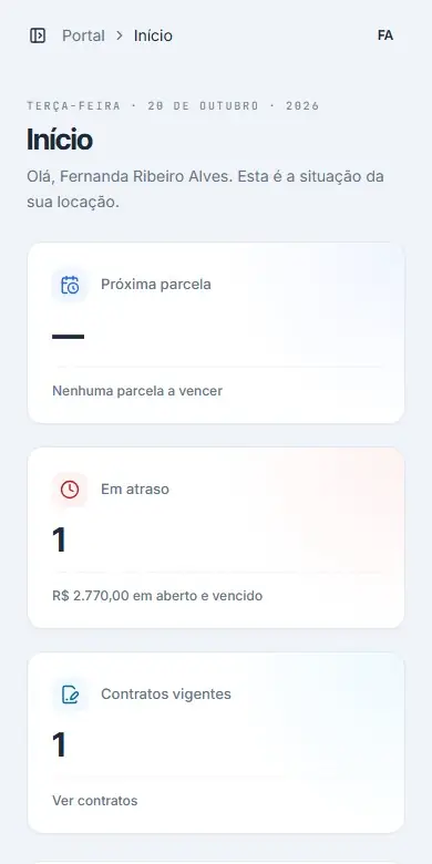Navegando entre início, pagamentos e contratos no portal pelo celular