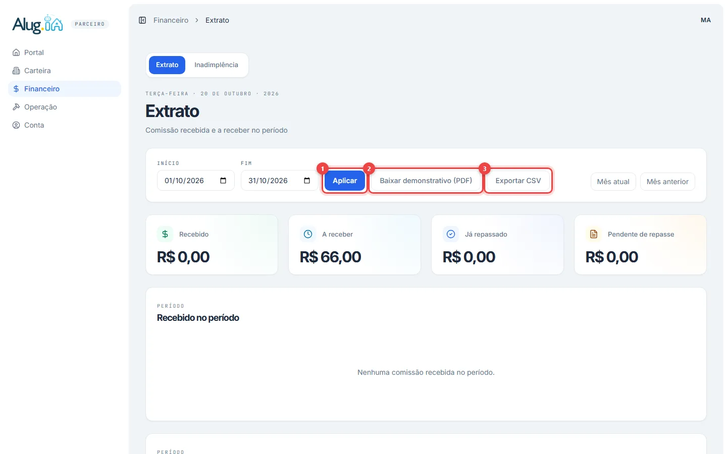 Extrato de comissão com período, botões de exportação e totais