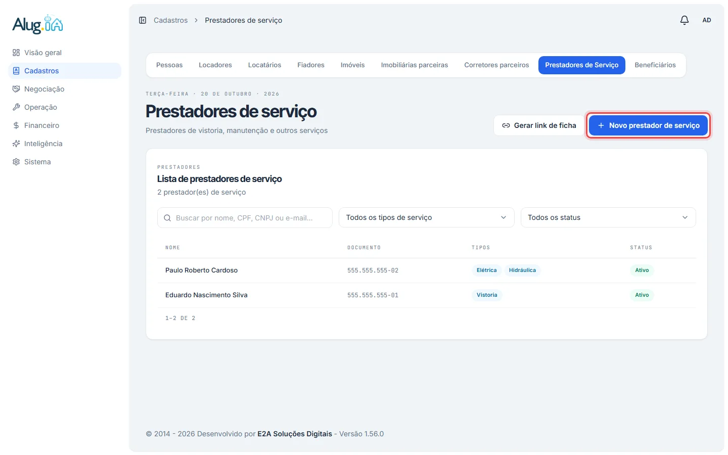 Lista de prestadores de serviço com o botão Novo prestador de serviço