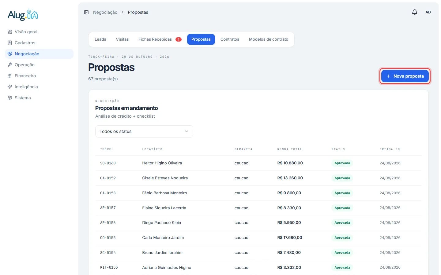 Botão Nova proposta na lista de propostas