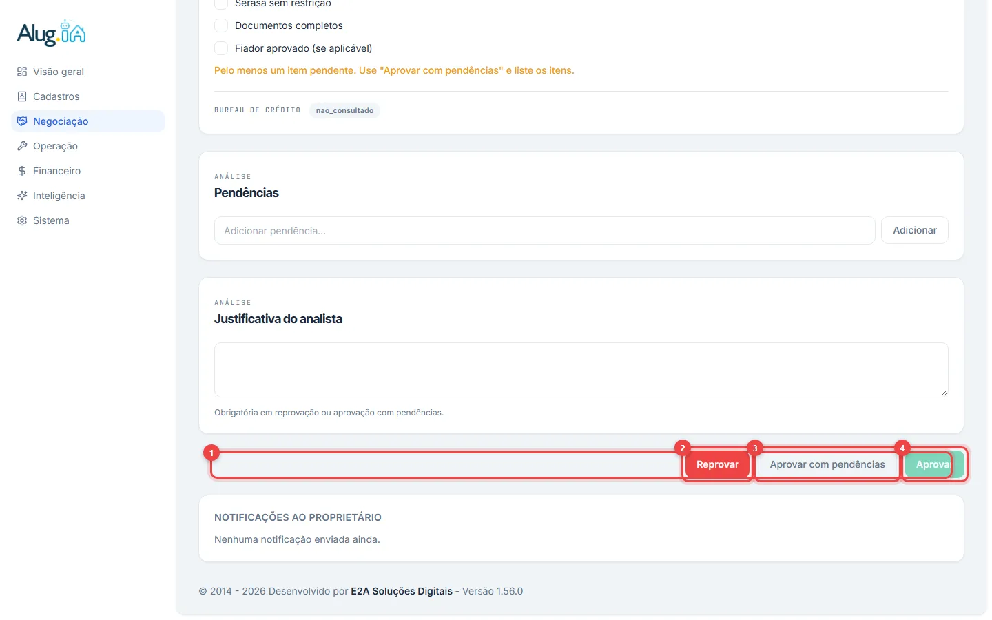Checklist de análise e botões de decisão da proposta