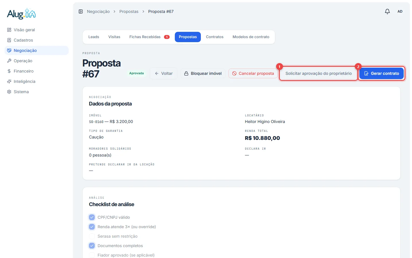 Botões Solicitar aprovação do proprietário e Gerar contrato