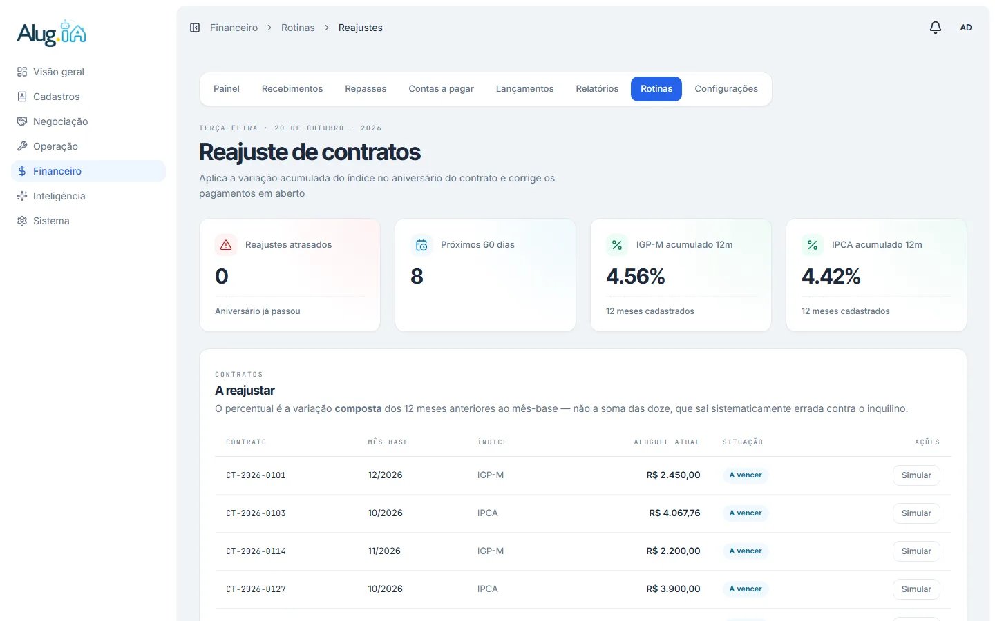 Lista de contratos a reajustar com o botão Simular