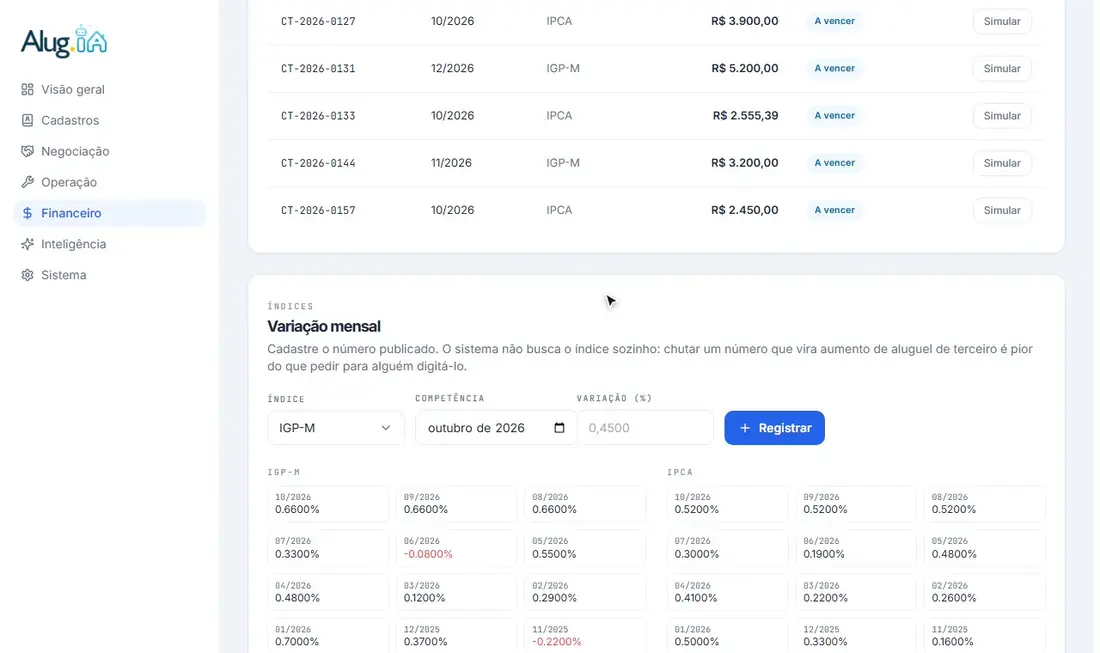 Cadastrando a variação mensal de um índice