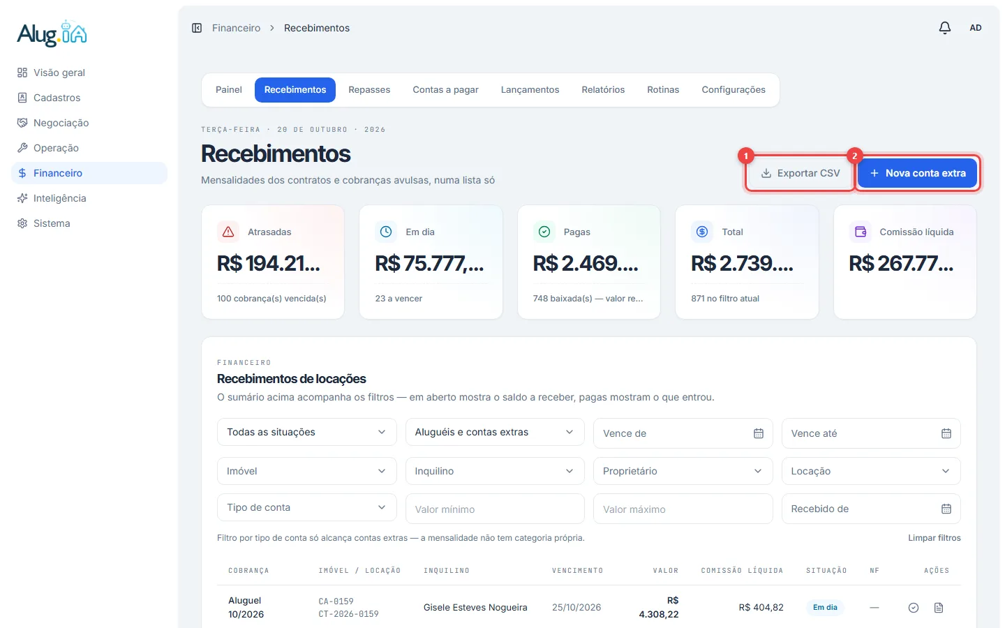 Lista de Recebimentos com os botões Exportar CSV e Nova conta extra destacados