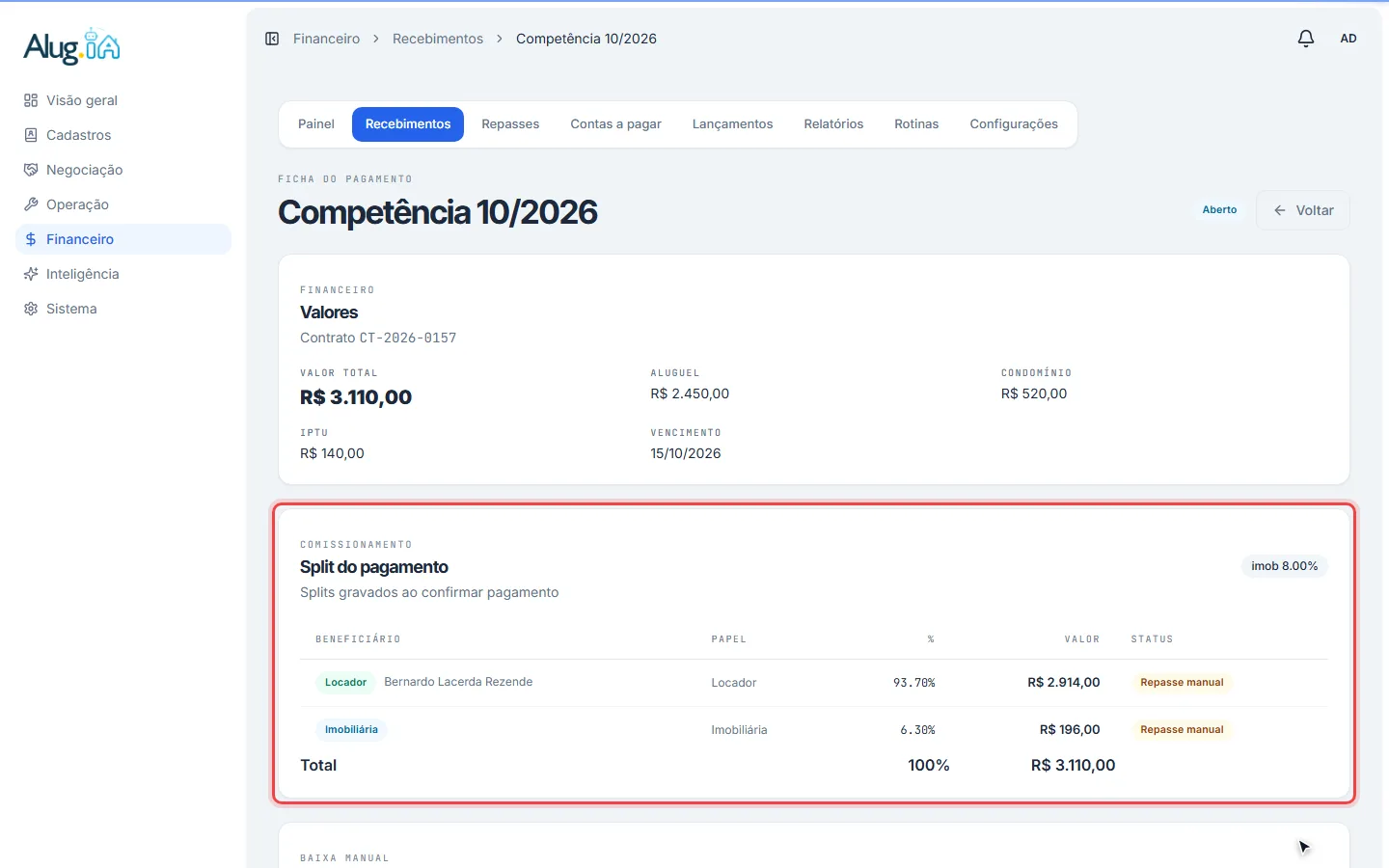Ficha do pagamento com o split entre proprietário e imobiliária destacado