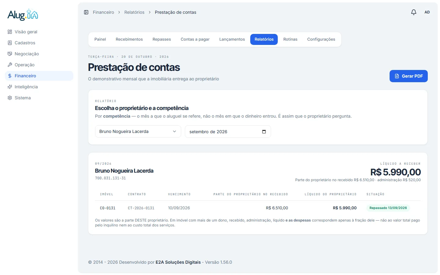 Prestação de contas de um proprietário com os aluguéis da competência