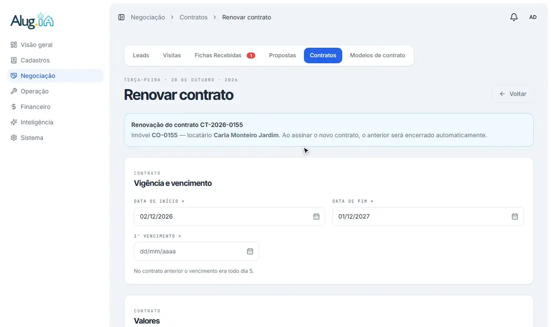 Formulário de renovação preenchido com os dados do contrato anterior