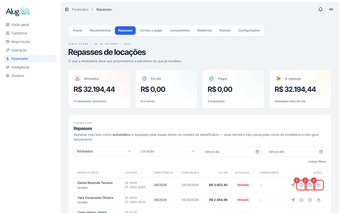 Ícones de ação na linha de um repasse
