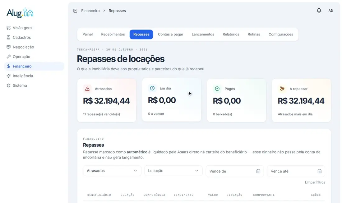 Janela de baixa do repasse com forma, data, conta de origem e comprovante