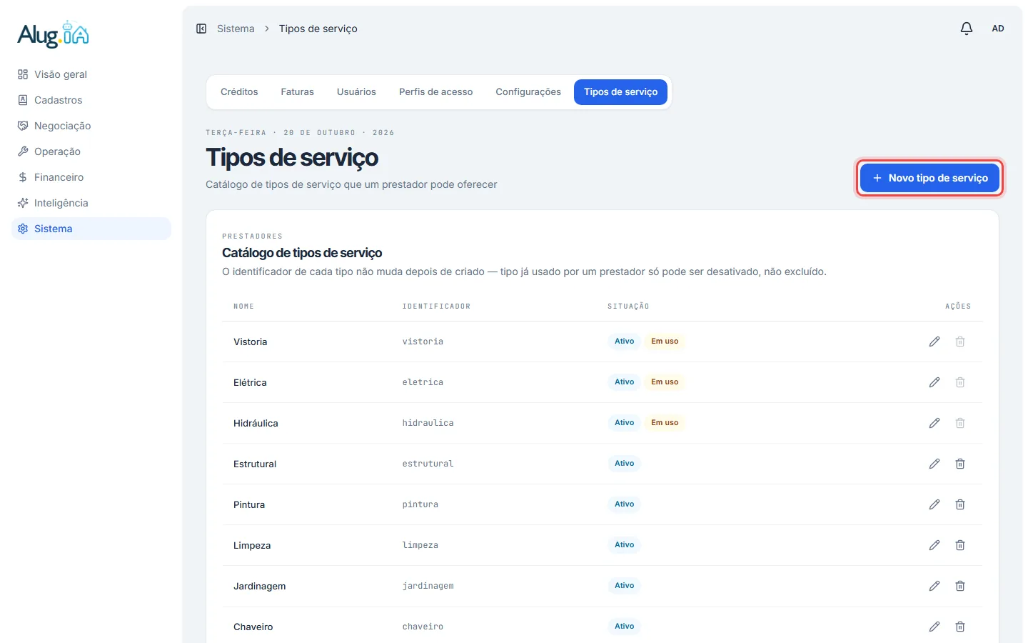 Lista do catálogo de tipos de serviço com o botão Novo tipo de serviço