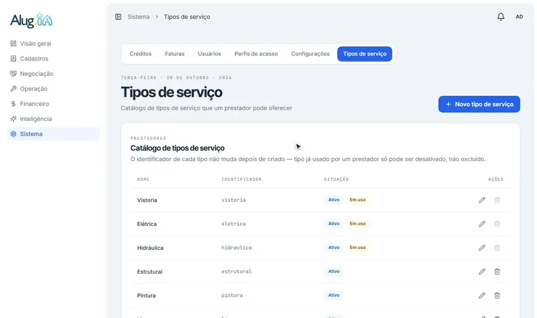 Preenchendo o nome e a ordem de exibição de um novo tipo de serviço