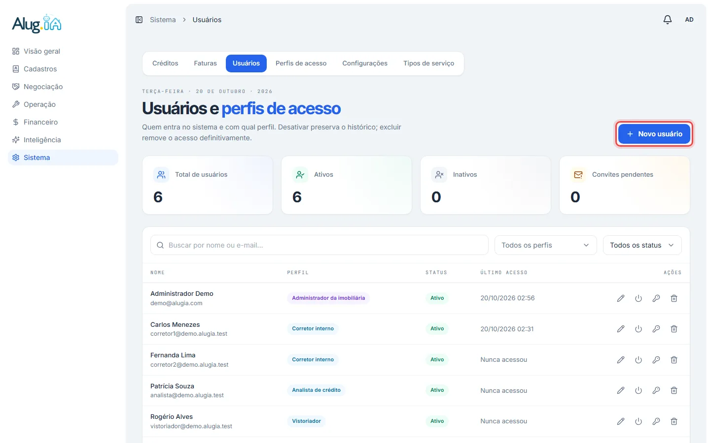 Lista de usuários com o botão Novo usuário no canto superior direito
