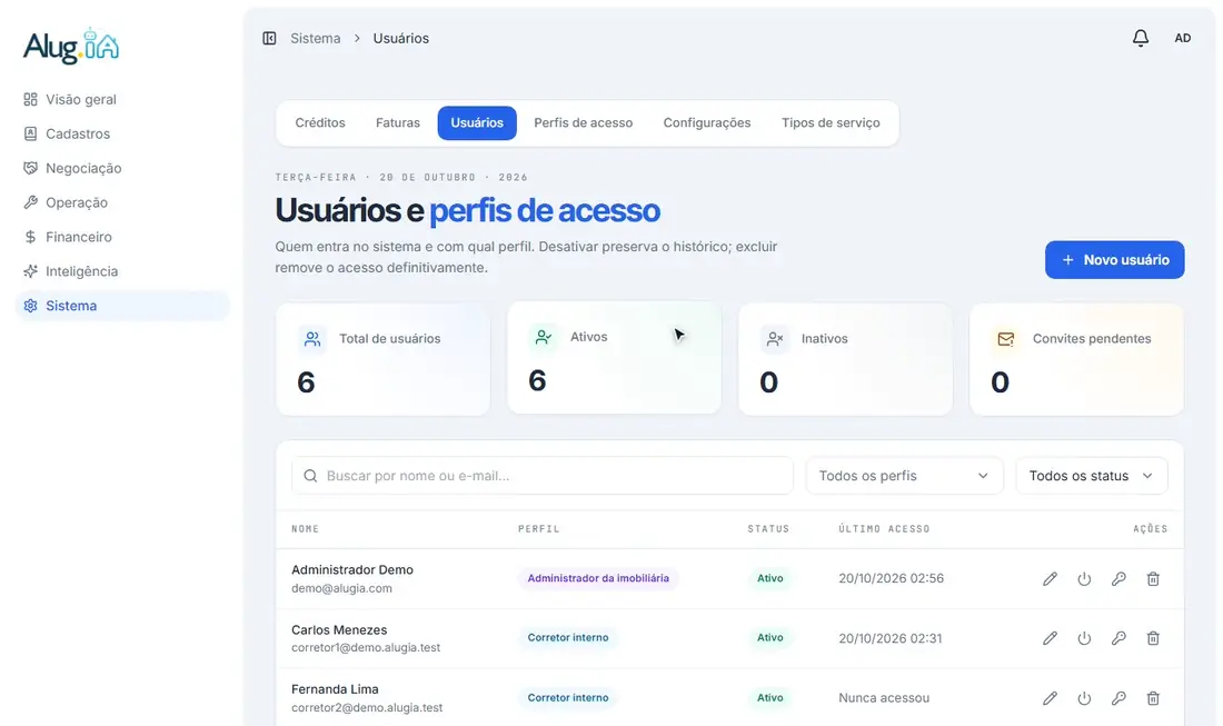 Preenchendo nome, e-mail e perfil de acesso no cadastro de um novo usuário