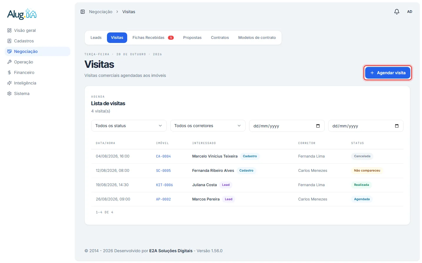 Botão Agendar visita na lista de visitas