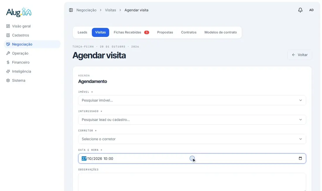 Preenchendo imóvel, interessado, corretor e data da visita