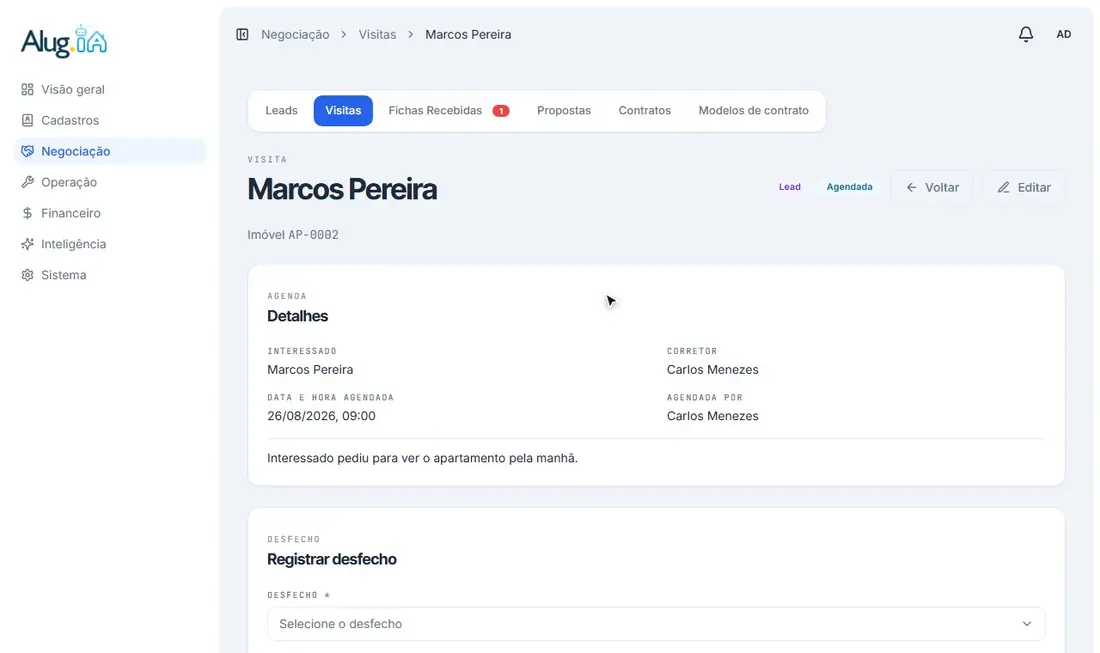 Registrando a visita como realizada com o resultado