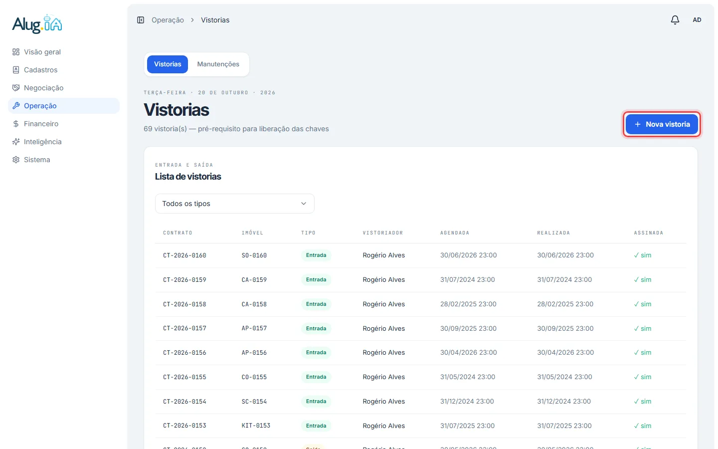 Botão Nova vistoria na lista de vistorias