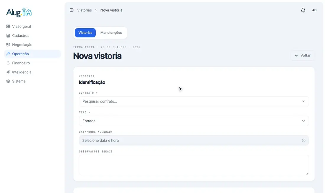 Preenchendo contrato, tipo e vistoriador da nova vistoria