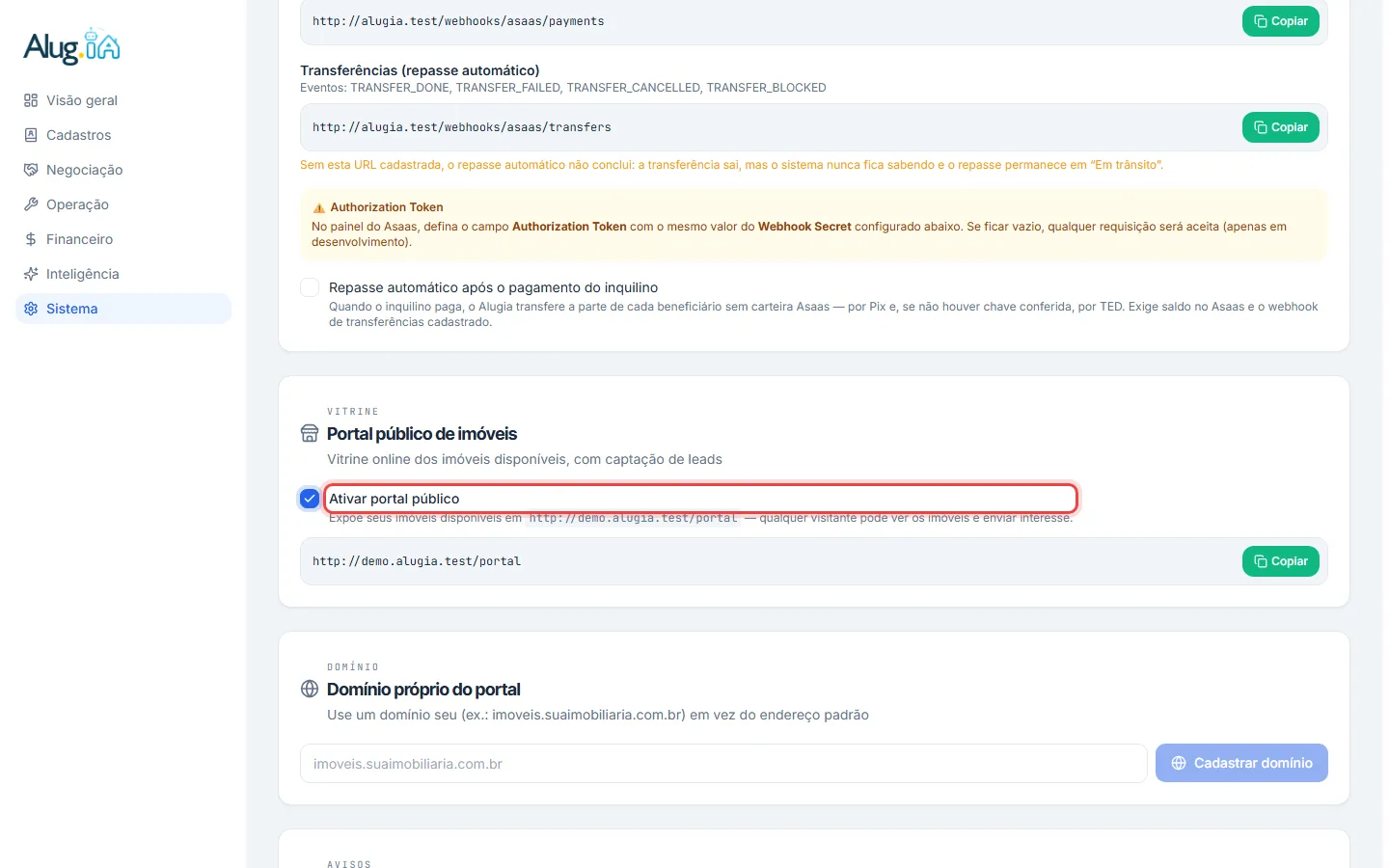 Seção Portal público de imóveis com a opção Ativar portal público e o endereço da vitrine