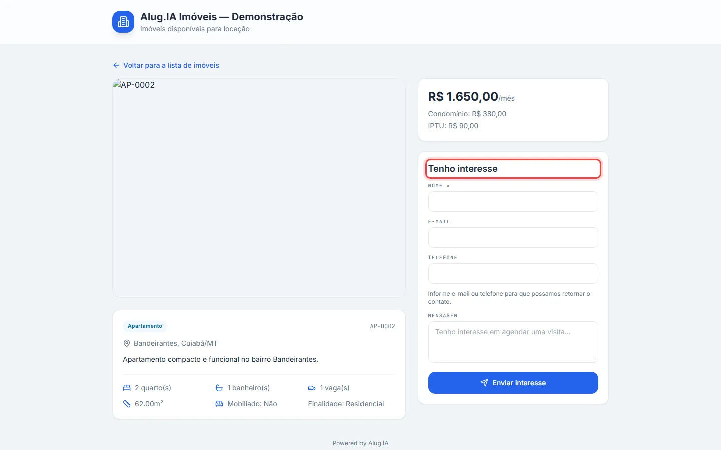 Página de um imóvel com os dados, o valor e o formulário Tenho interesse